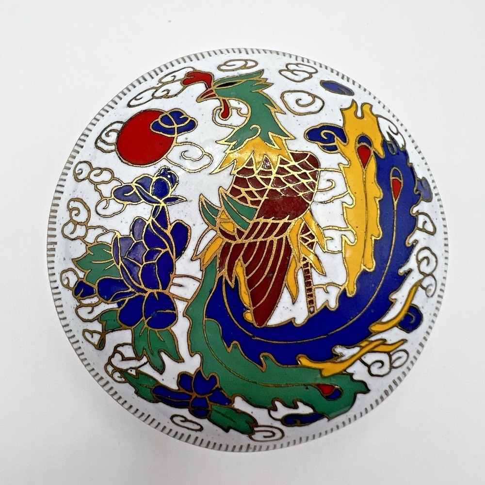 Vintage Cloisonne Chinese Phoenix Bird Fenghuang Trinket Box Clouds Enamel White
